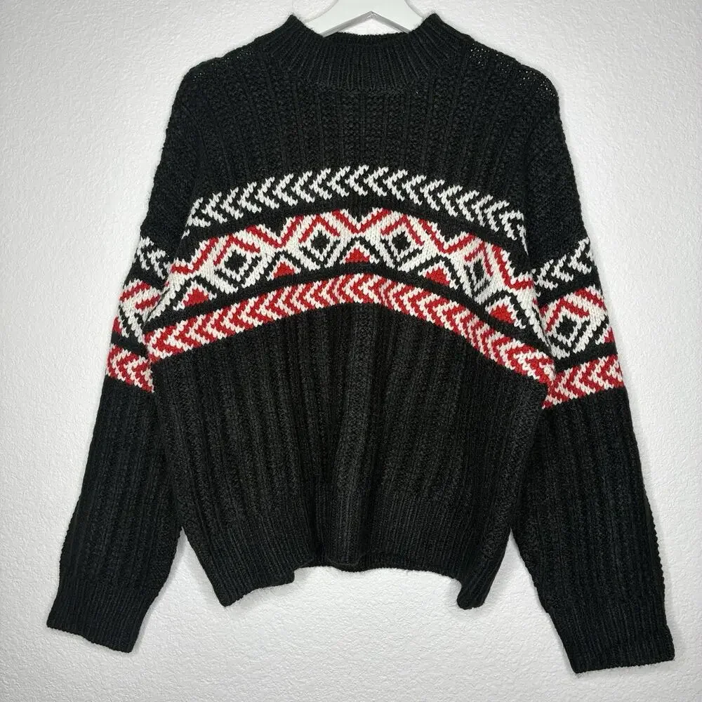 Sanctuary Intarsia Black Red and White Fair Isle Sweater M NWT